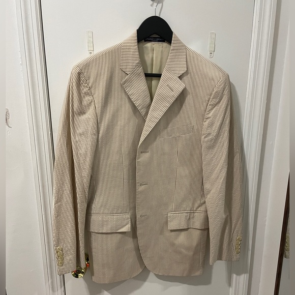 Vintage POLO by Ralph Lauren Tan Seersucker 2-Pc Suit Size 38R. Made in Italy. - Picture 4 of 14
